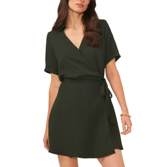 Vince Camuto Dresses & Skirts - VINCE CAMUTO Womens Lace Tie Belt Rolled Cuffs Short Sleeve Collared Mini Dress